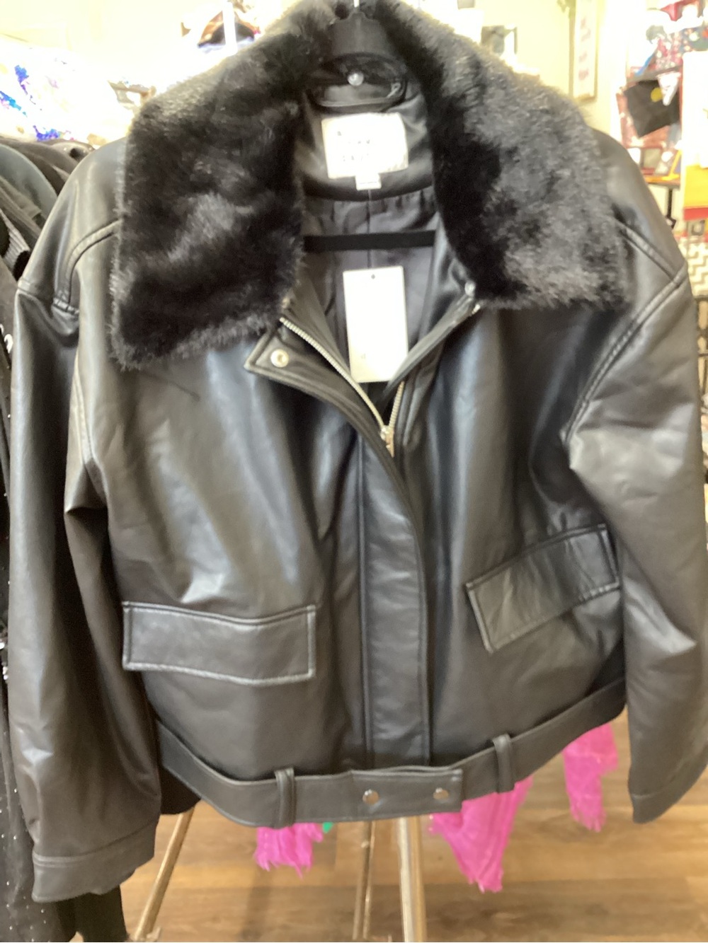 H&M Black Faux Leather Bomber Jacket with Fur Collar